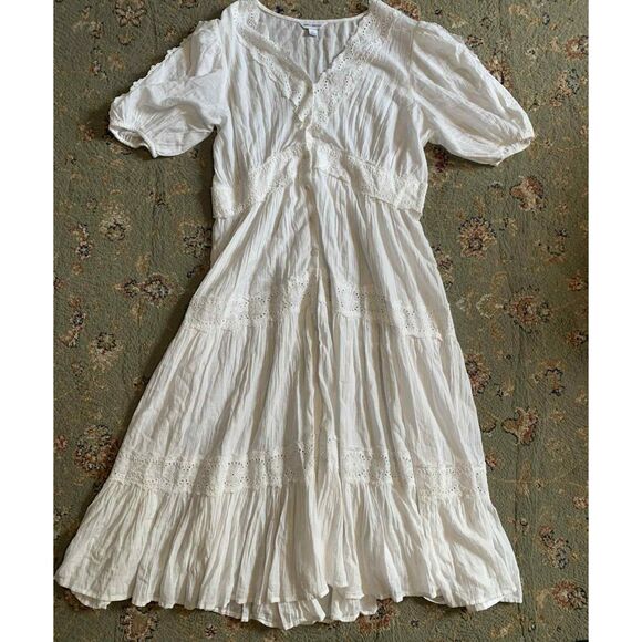 April Cornell Liberty White Cotton Puff Sleeve Lace Tiered Midi Dress, size XL - Picture 2 of 7